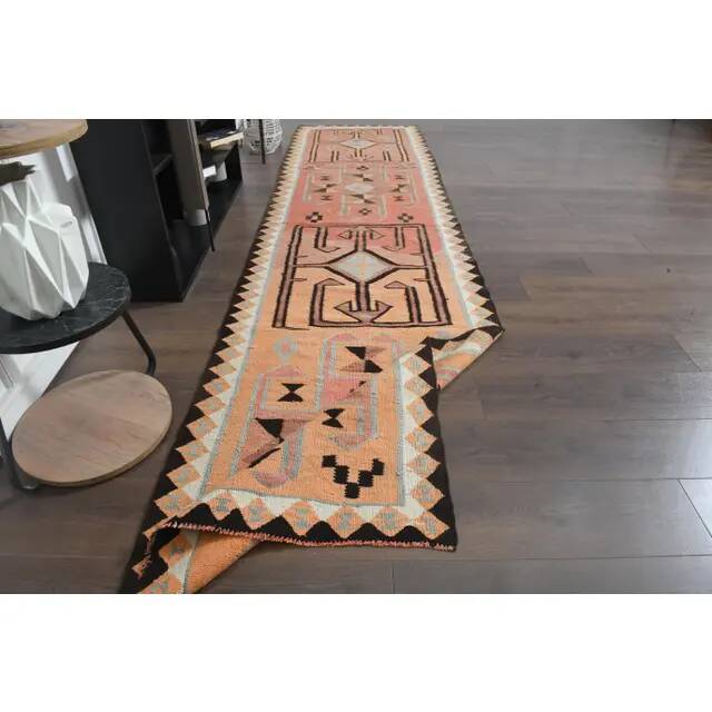 1970s Turkish Oushak Handmade Wool Cotton Orange Runner Rug 90x361