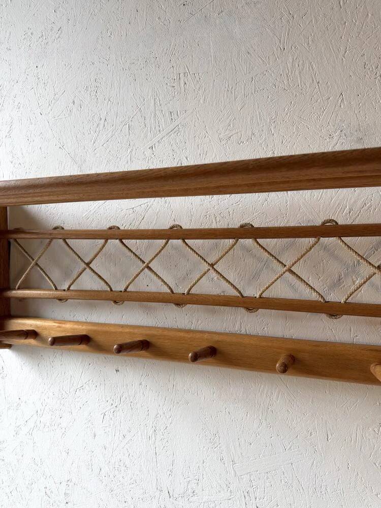 Vintage oak wall coat rack with braided cord 1960s