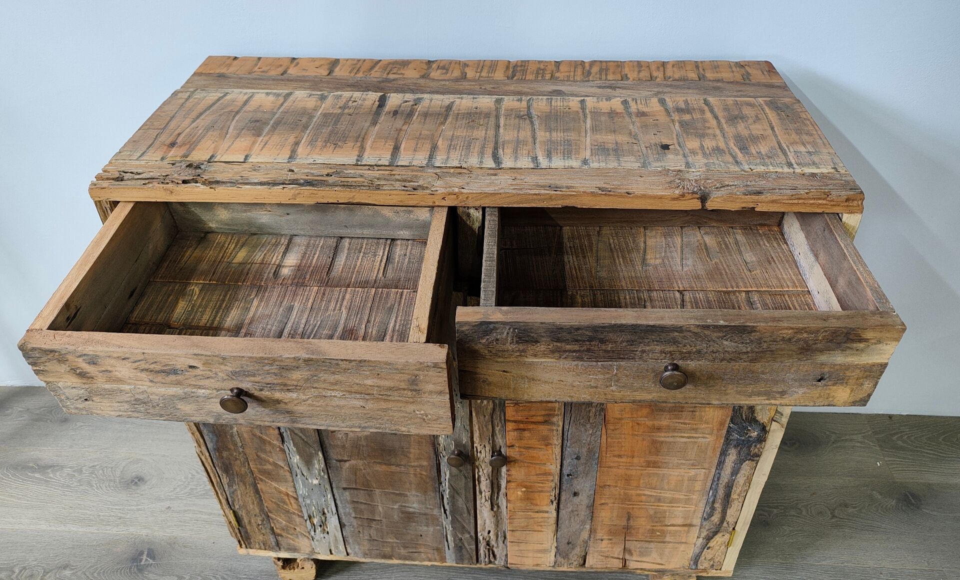 Two-door buffet with two drawers in antique wood.