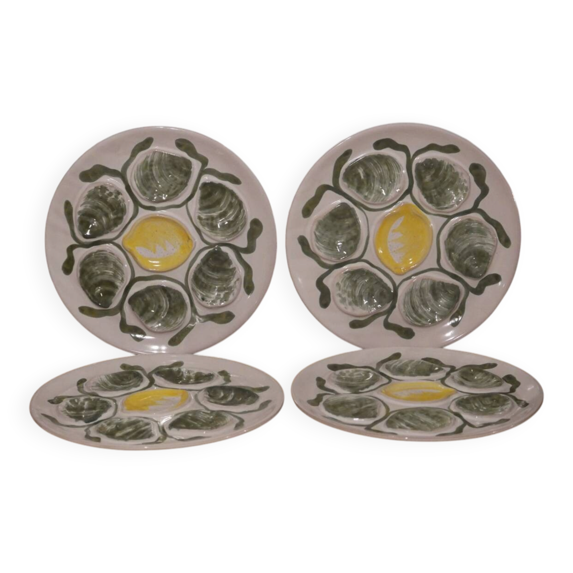 Set of 4 Belon earthenware oyster plates – 25 cm – yellow & green