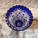 Bohemian vase in cut crystal with blue overlay.