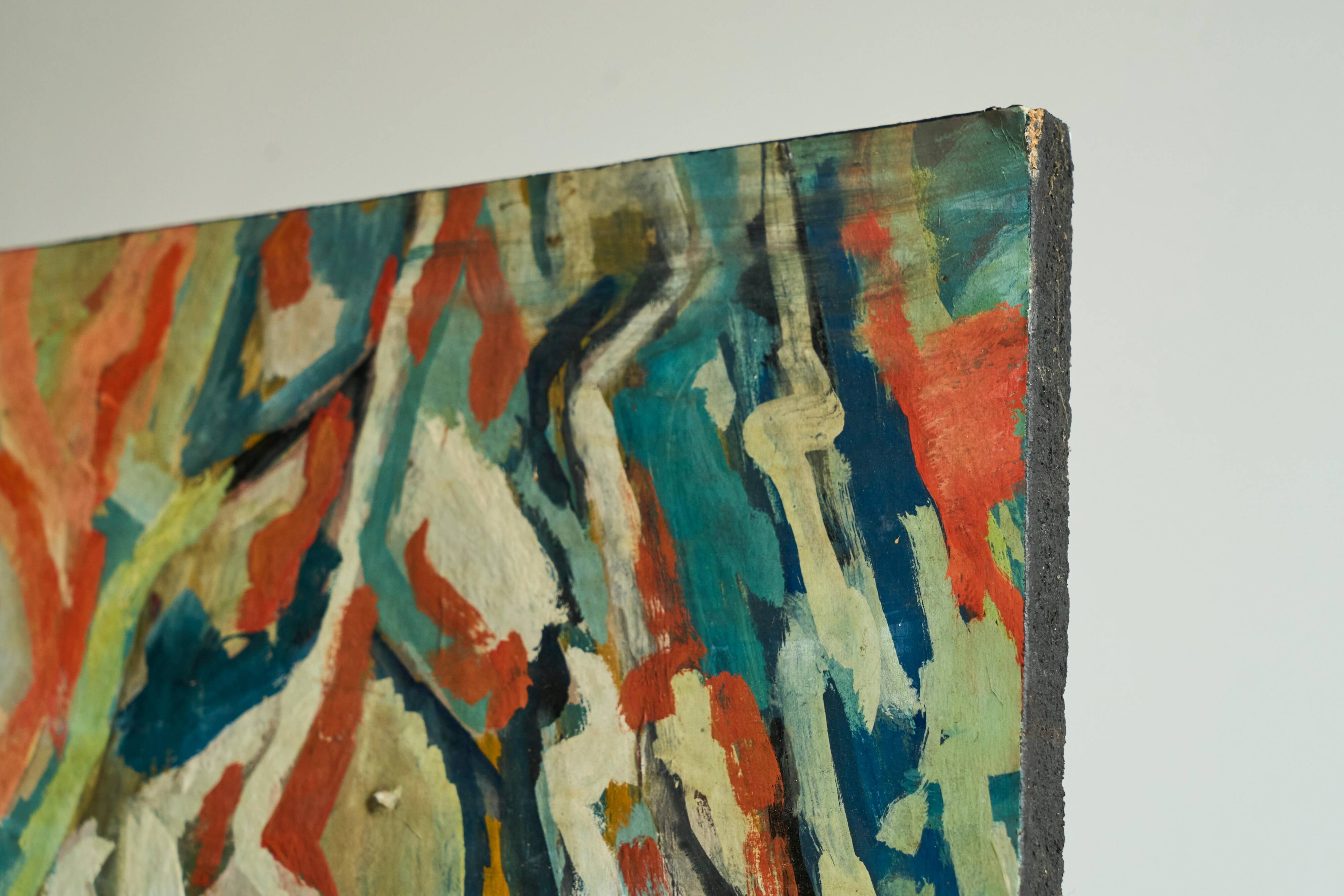 Scène de table moderniste, huile sur carton, années 1960