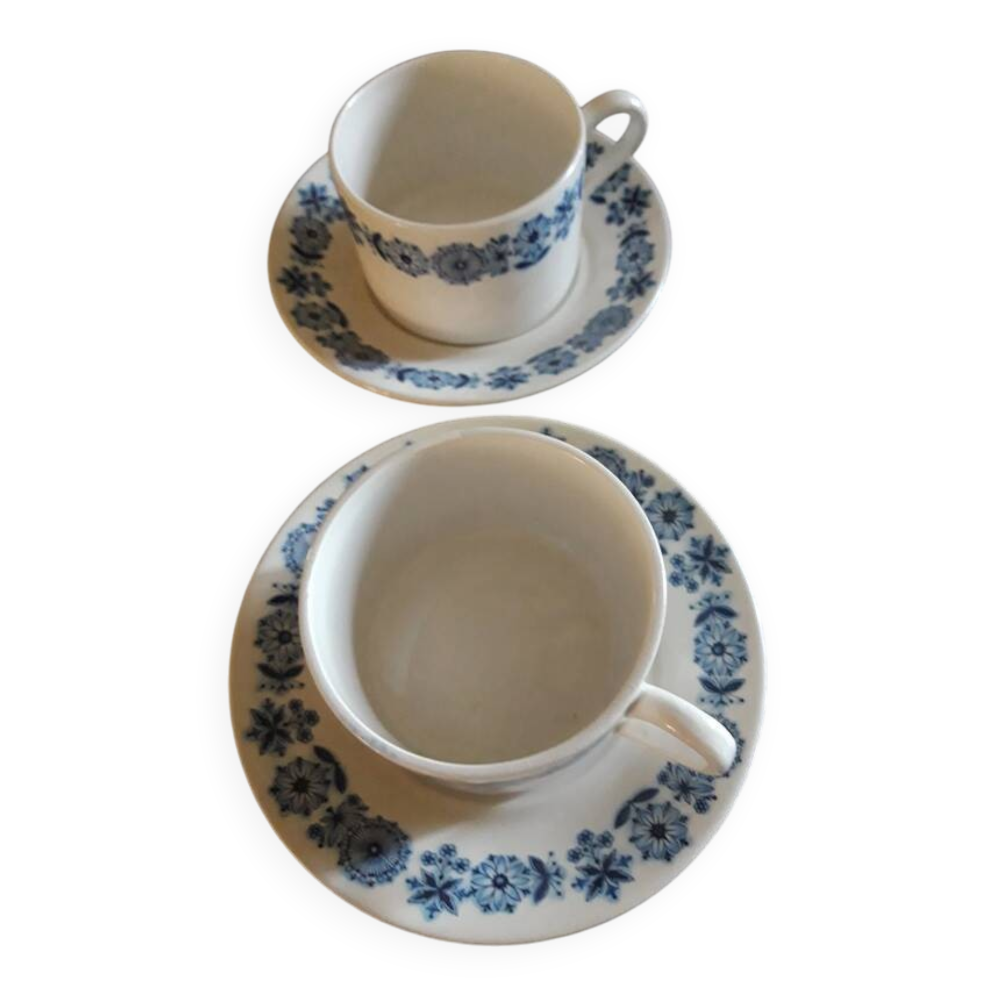 2 white cups + saucers with Luneville blue decor