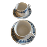 2 white cups + saucers with Luneville blue decor
