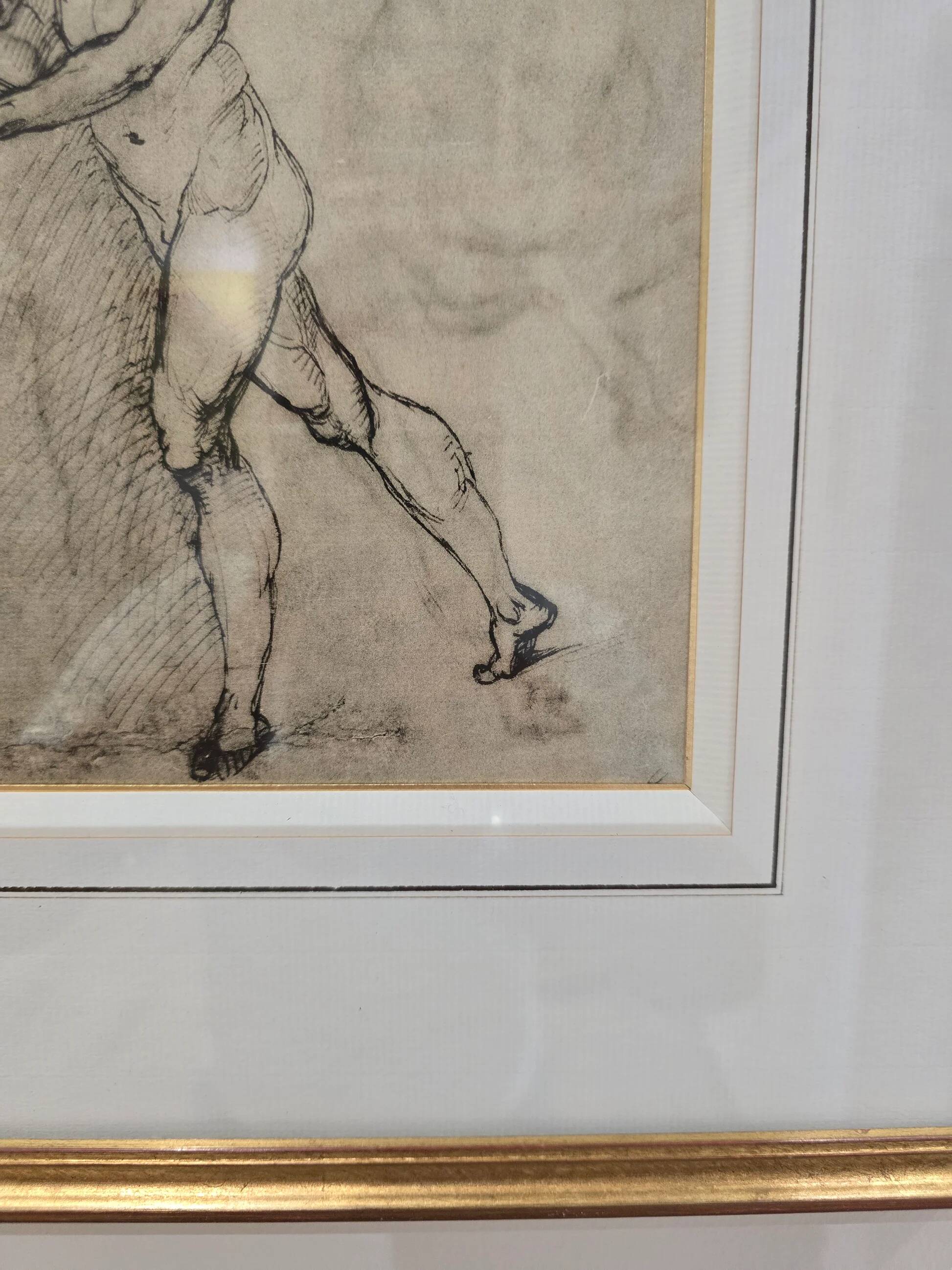 Framed drawing after an old master – Man pulling an animal