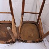 Duo of bistro chairs in bare wood, fully sanded and curved wooden backrest