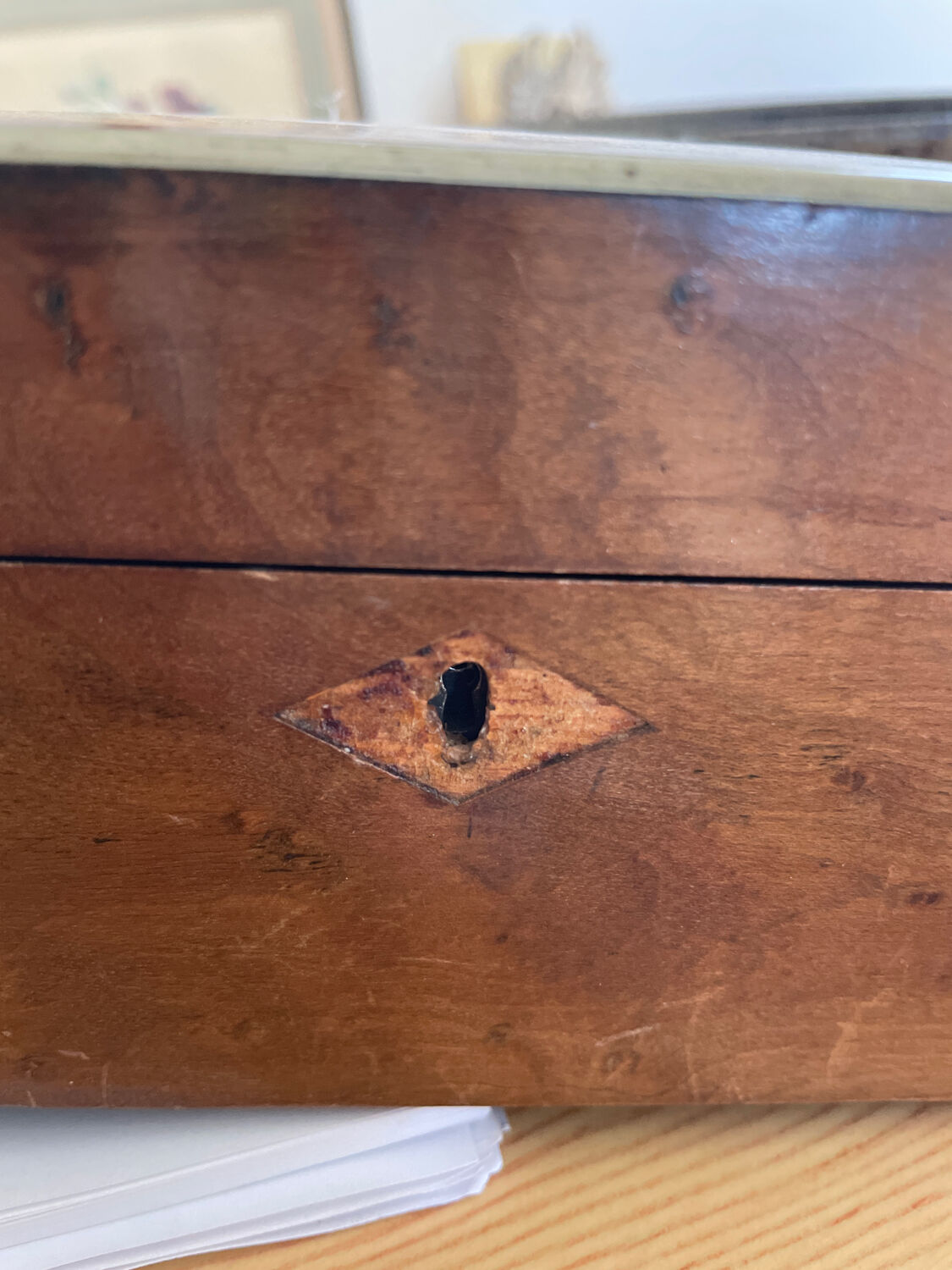 Old square wooden box, a bit of marquetry, padded, box.