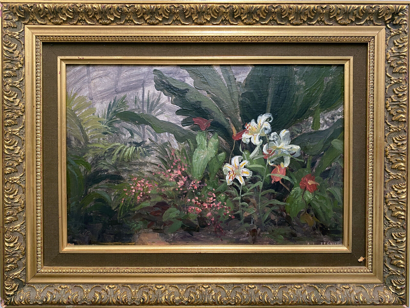HSP painting "Garden corner" by Ludovic Regnier (1851-1930) student of Pils + frame