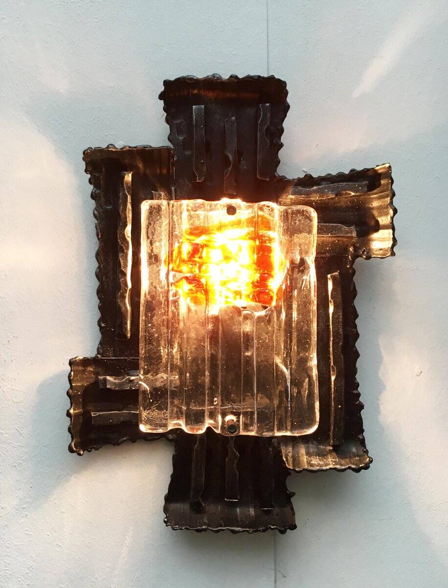 Vintage Italian brutalist wrought iron wall lamp by Albano Poli for Poliarte, set of 4.