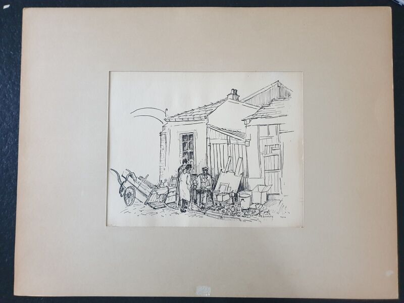 André Duculty (1912-1990) India ink on paper "The unpacking of the second-hand dealer" Signed below