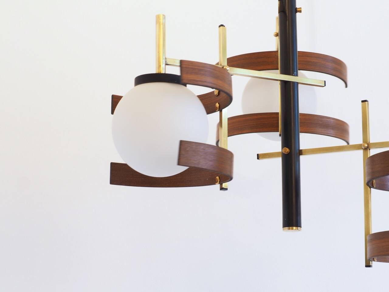 Italian 3-globe pendant light in opaline with teak and brass.