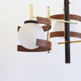Italian 3-globe pendant light in opaline with teak and brass.