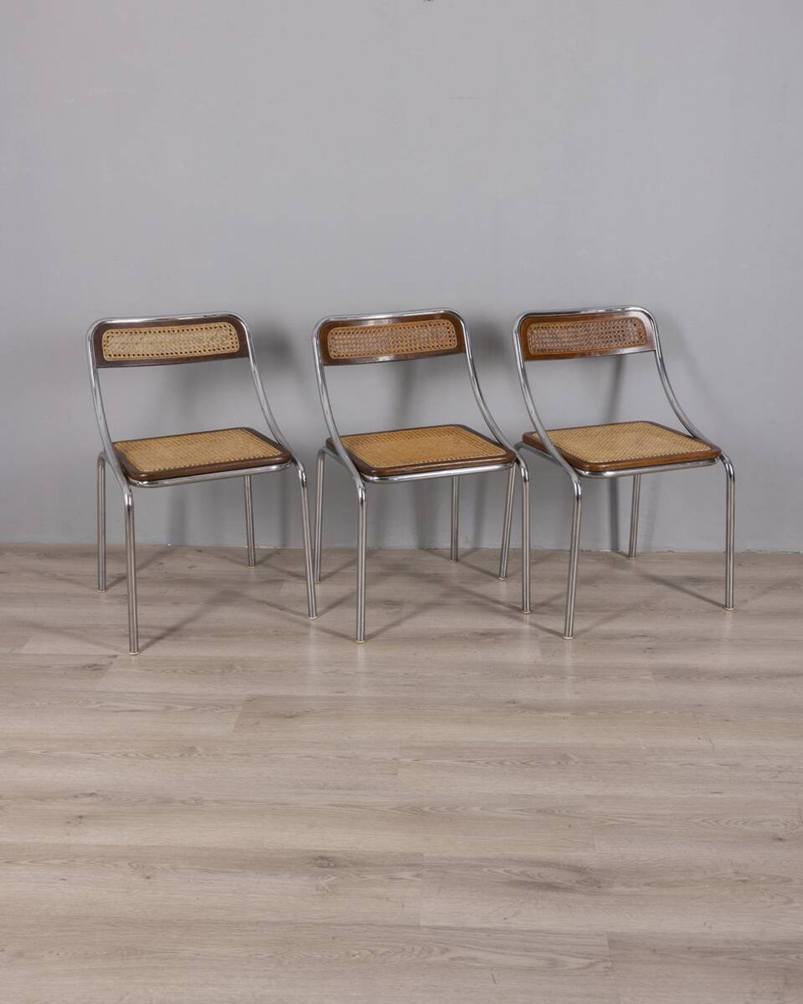 Set of 3 Vintage 1970s Chairs in Metal and Vienna Straw, Italian Design