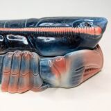 Lobster barbotine signed Michel Caugant midnight blue / coral