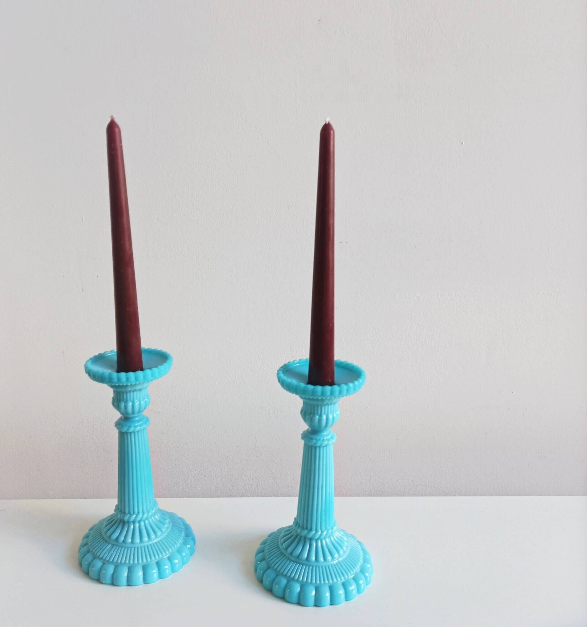Antique blue opaline candlesticks Portieux Vallerysthal