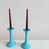 Bougeoirs anciens opaline bleu Portieux Vallerysthal
