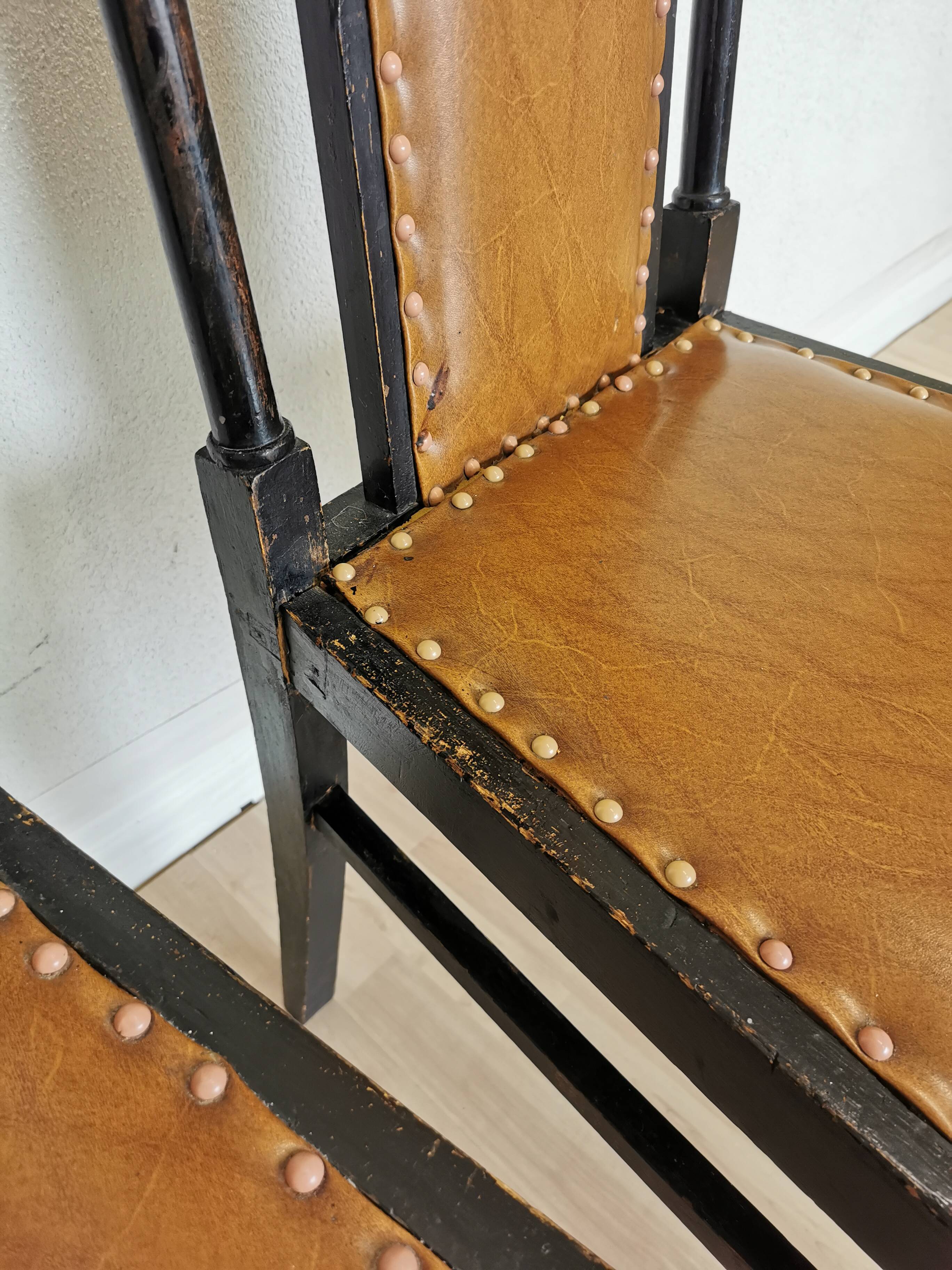 Set of 3 Vintage Dining Chairs: High Back, Leather Seat, Nailhead Trim