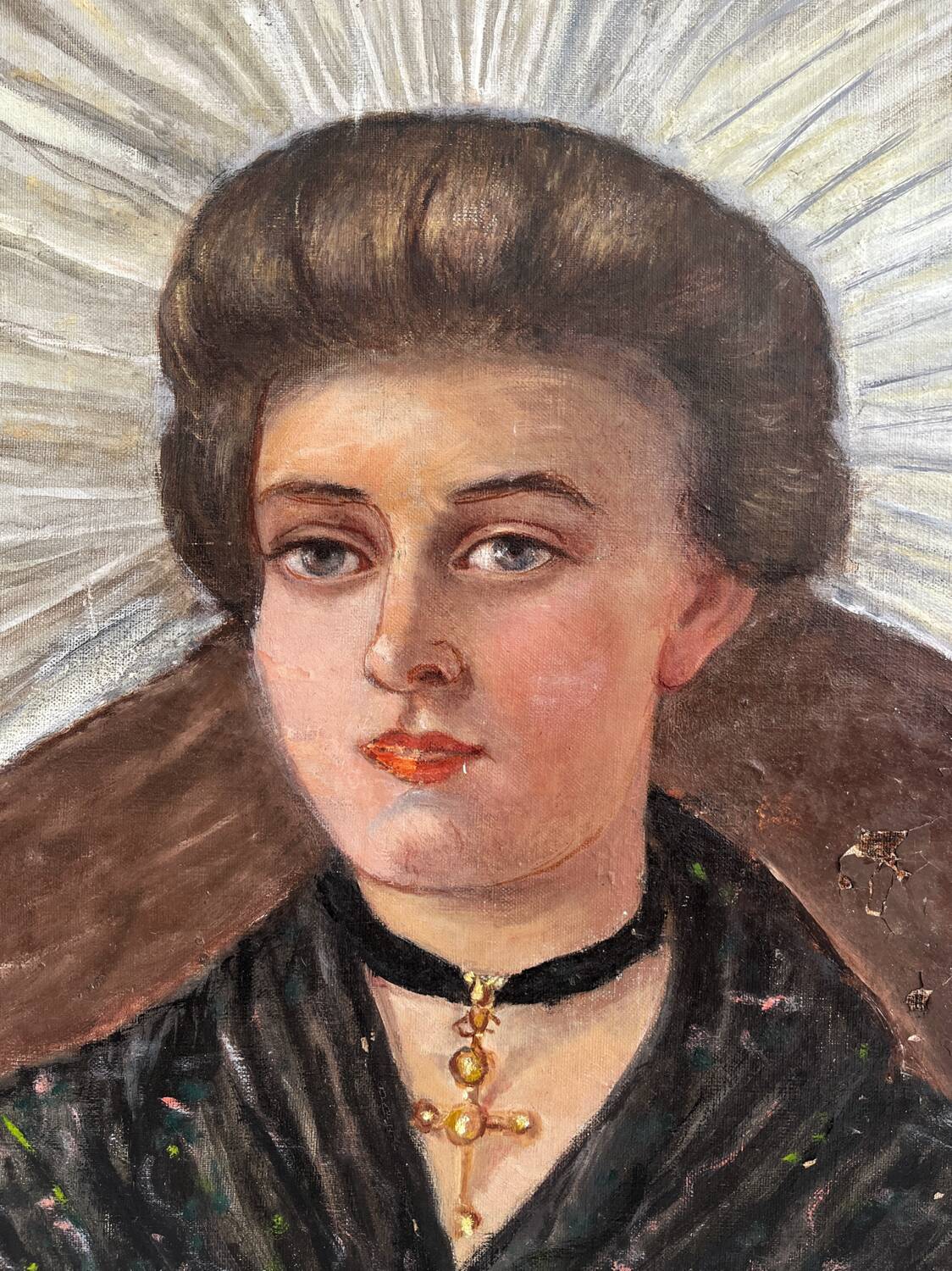 Old oil painting on canvas portrait of a woman in traditional costume