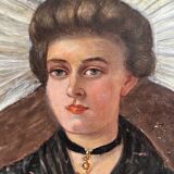 Old oil painting on canvas portrait of a woman in traditional costume