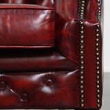 Set of a Red Cowhide Leather Chesterfield Club Chair and Side Table