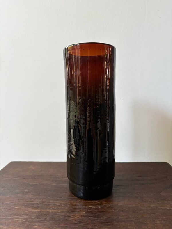 Vase en verre rouleau marron grenat années 70 vintage