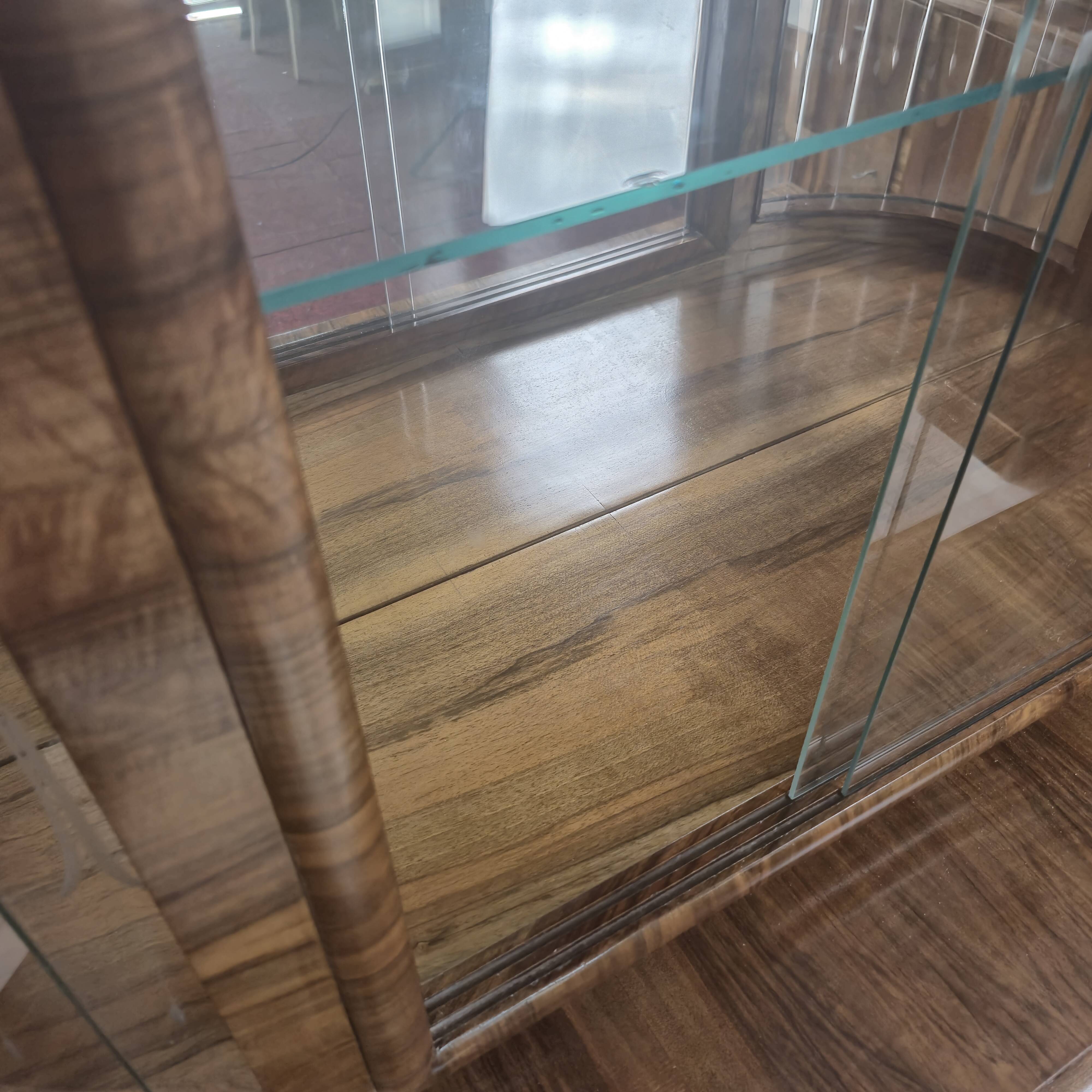 Restored Art Deco Walnut Display Cabinet with Engraved Glass Slats - 1930s