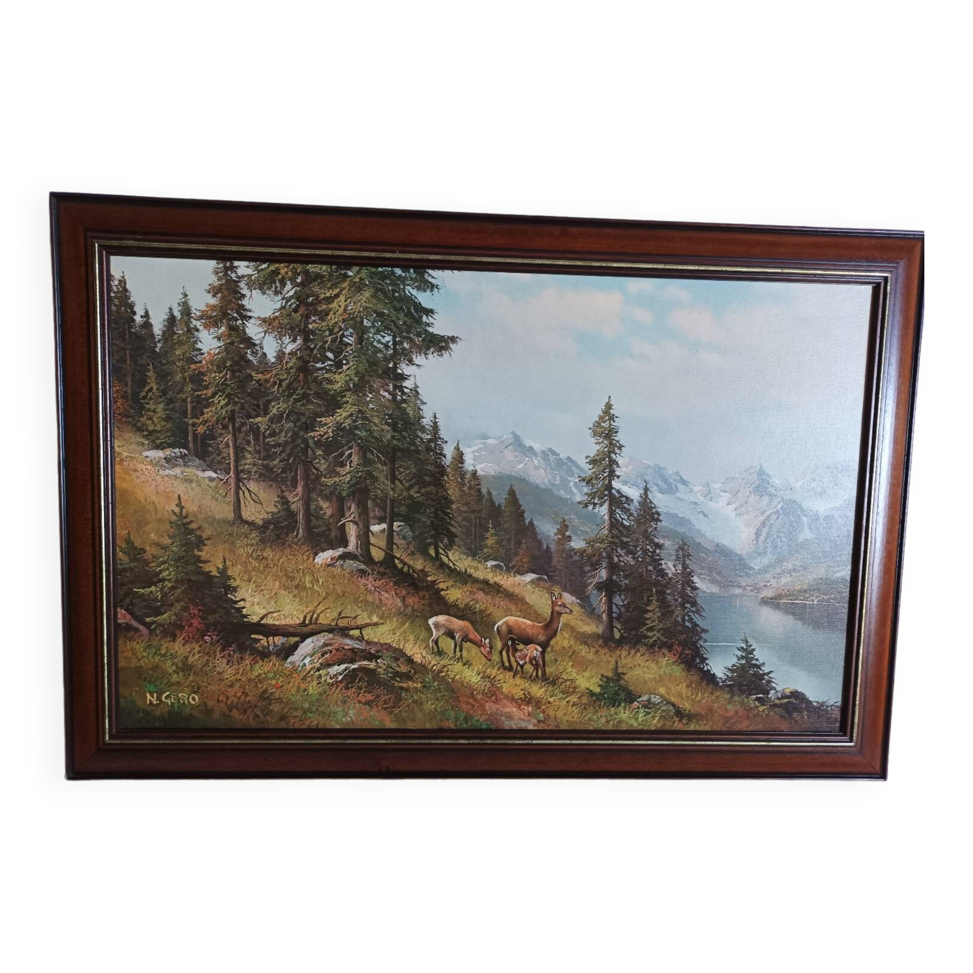 Oil print on wood signed deer motifs in the mountains framed