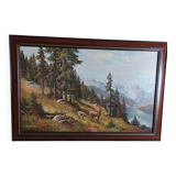 Oil print on wood signed deer motifs in the mountains framed