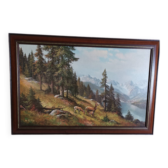 Oil print on wood signed deer motifs in the mountains framed