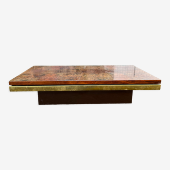 Table basse en ronce de noyer et laiton années 70