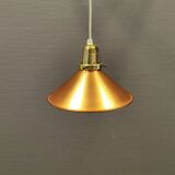 Copper hanging lamp with brass colored top and white inside lacquer.