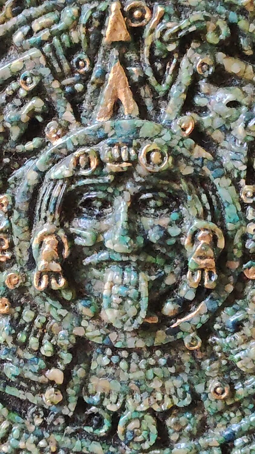 Aztec/Mayan wall solar mirror, in crushed Malachite stone, gold highlights