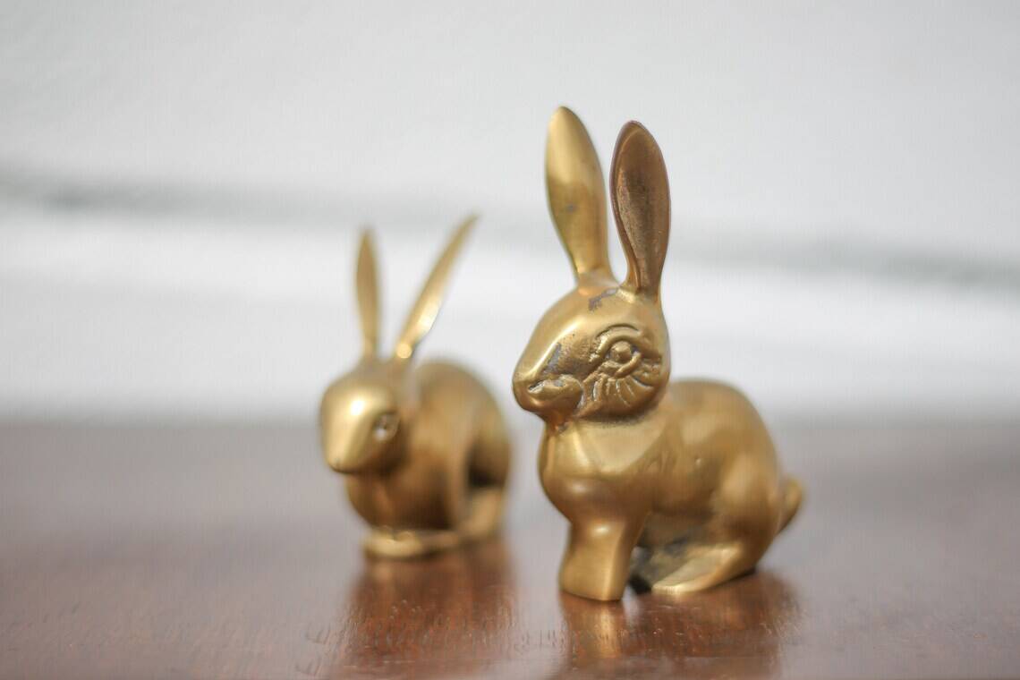 Pair of brass rabbit, rabbit statue, brass animal, rabbit figurine, collection, rabbit, brass rabbit