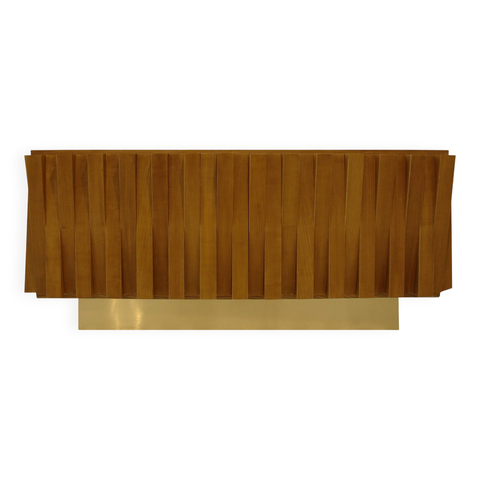 Brutalist Style Cabinet, Italian Faceted Oakwood and Brass Sideboard