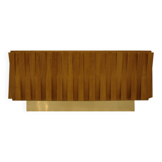Brutalist Style Cabinet, Italian Faceted Oakwood and Brass Sideboard
