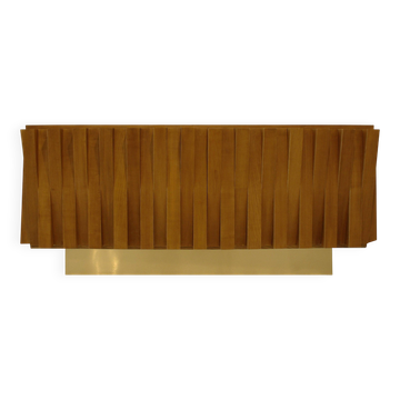 Brutalist Style Cabinet, Italian Faceted Oakwood and Brass Sideboard