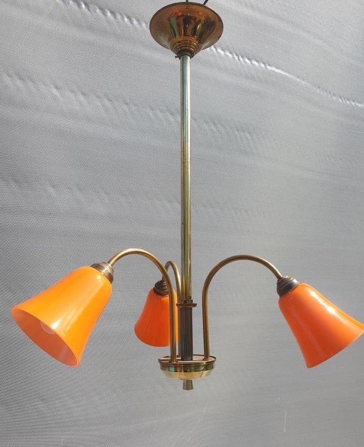 Brass chandelier 3 tulips orange Casimir 1970
