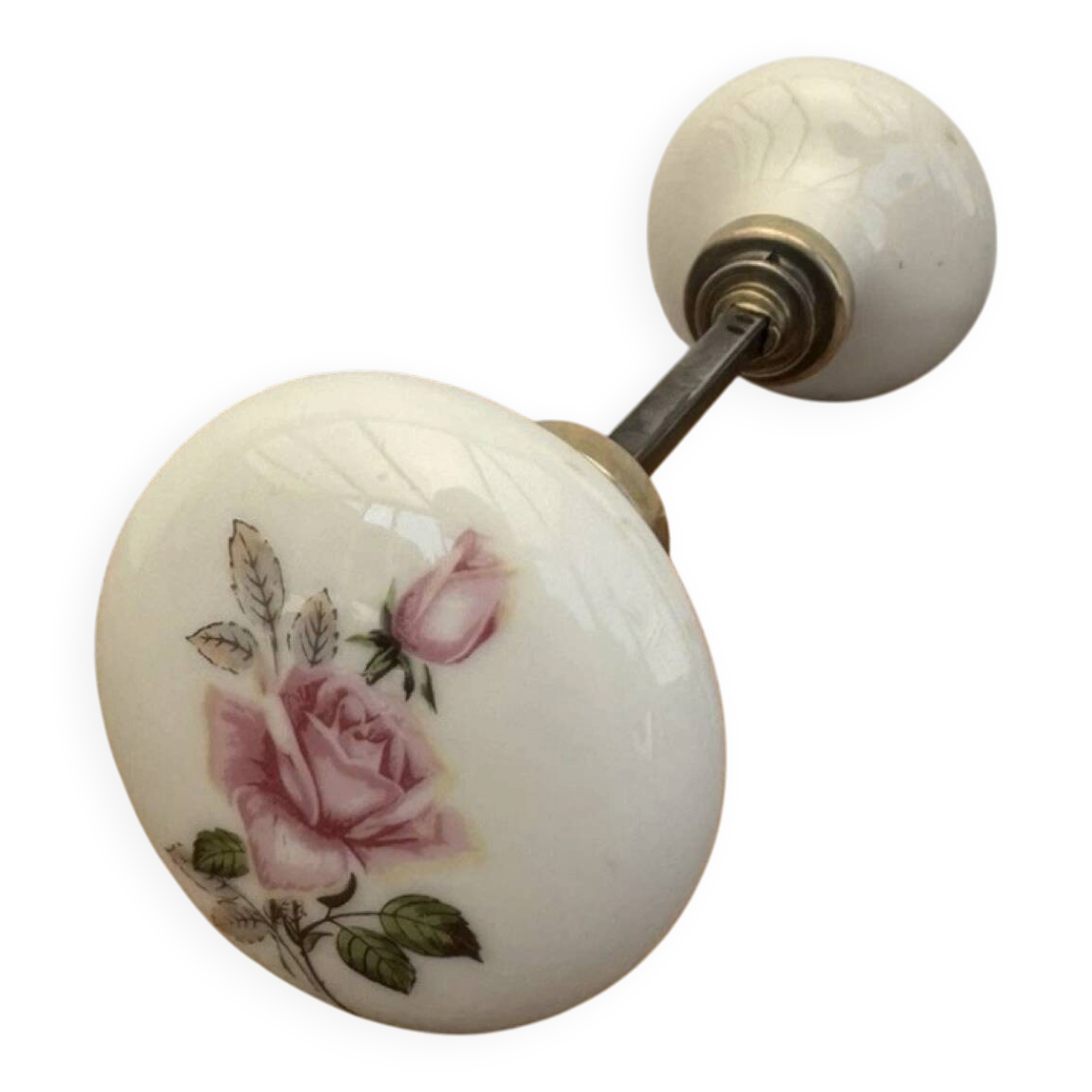 2 Large round porcelain door handles with pink flower decoration diameter