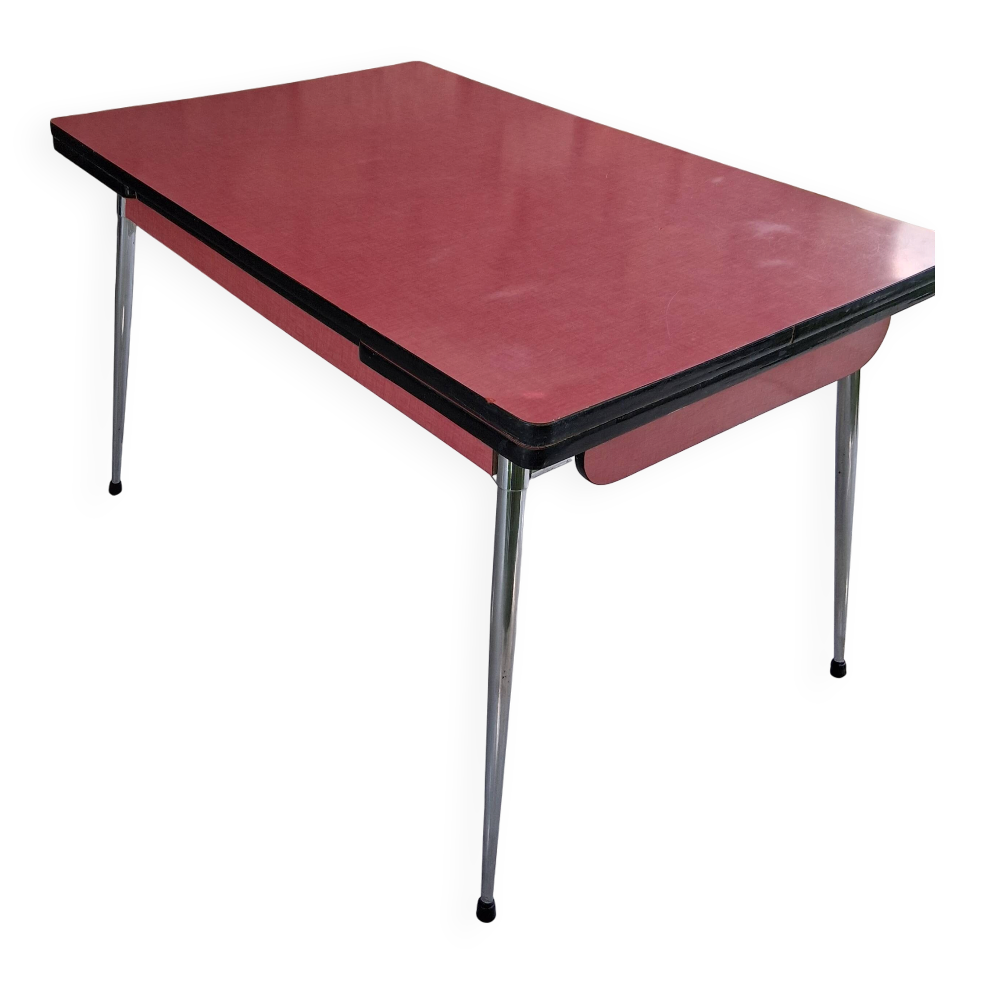 Table de cuisine vintage en formica framboise – 2 tiroirs & 2 rallonges – a