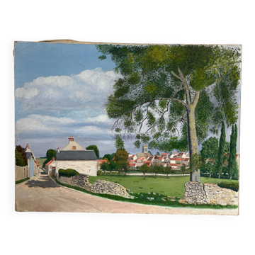 Landscape, arrival at the village, oil on canvas