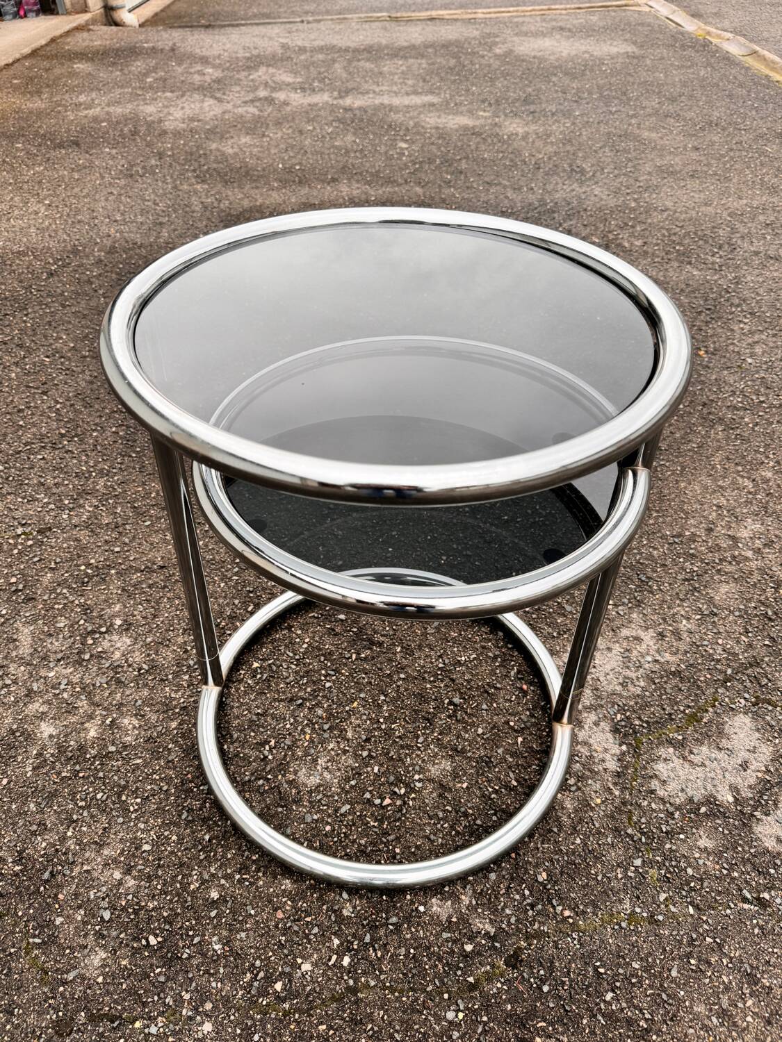 Side table with 2 shelves in chromed metal and smoked glass, circa 1970