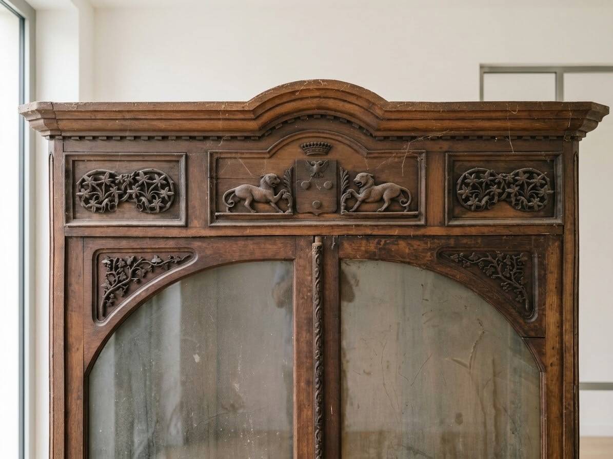 Ancien meuble bibliothèque de château decor blason lion