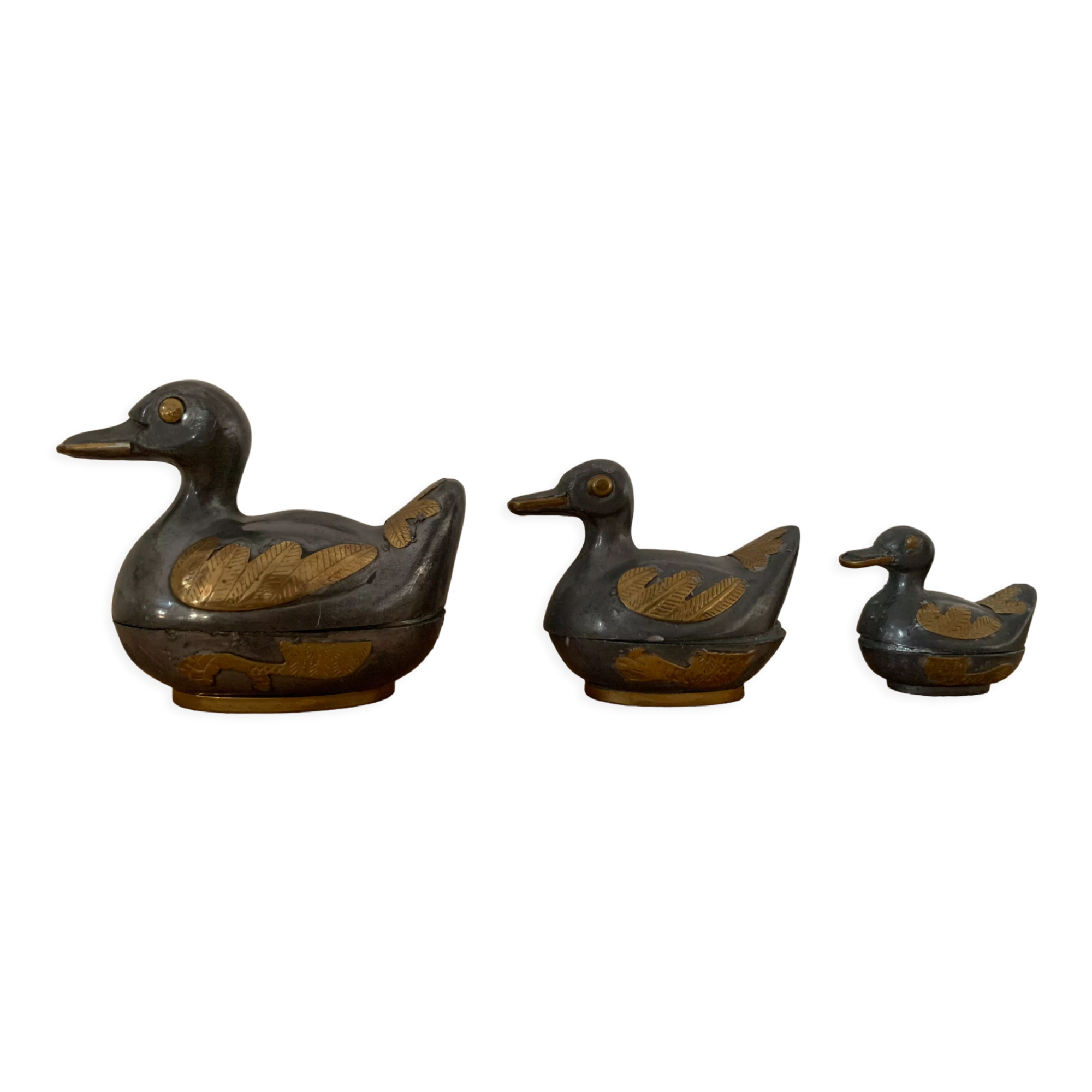 Set of 3 antique tin and brass ducks