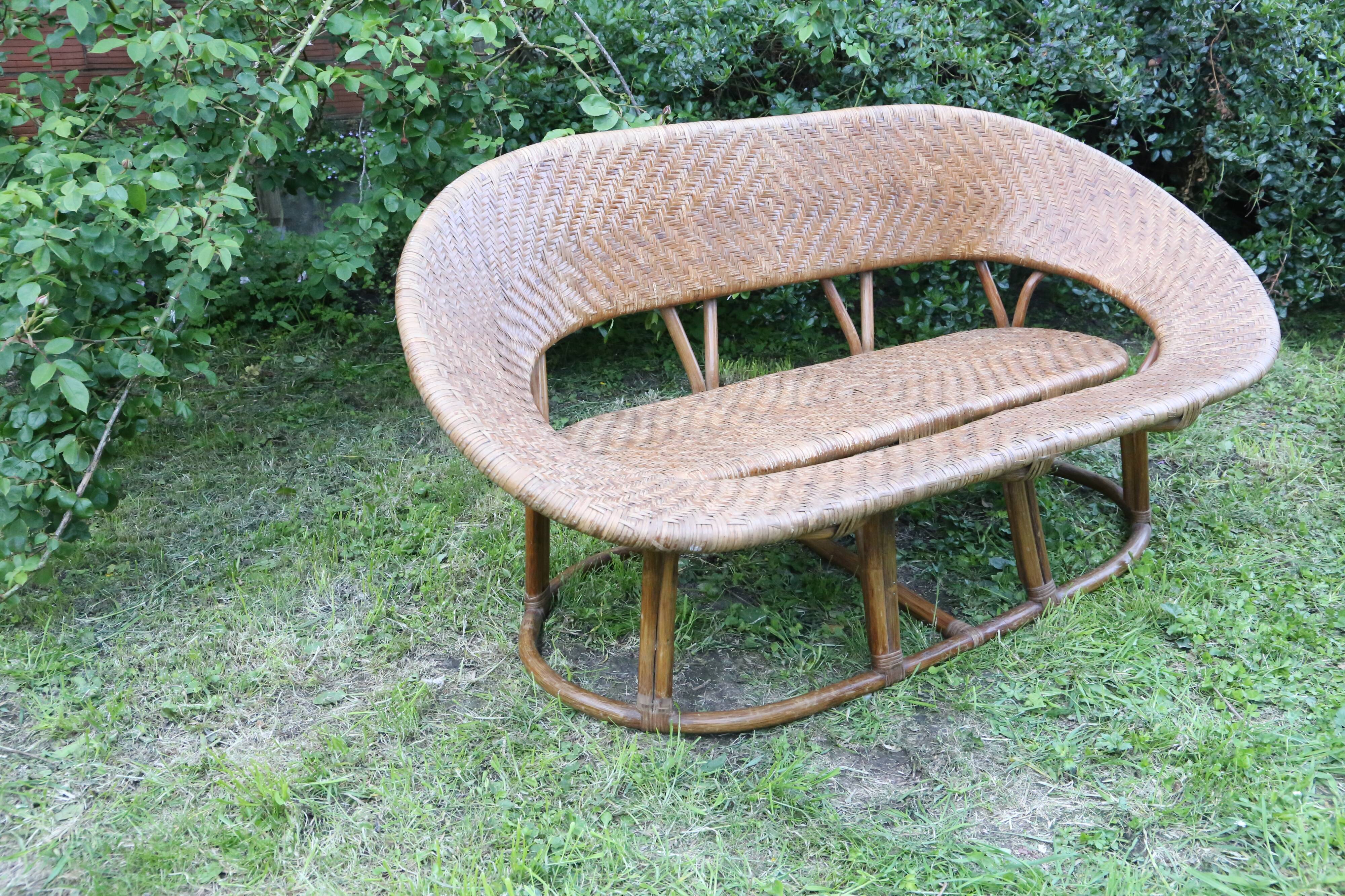 Rattan and wicker bench, vintage