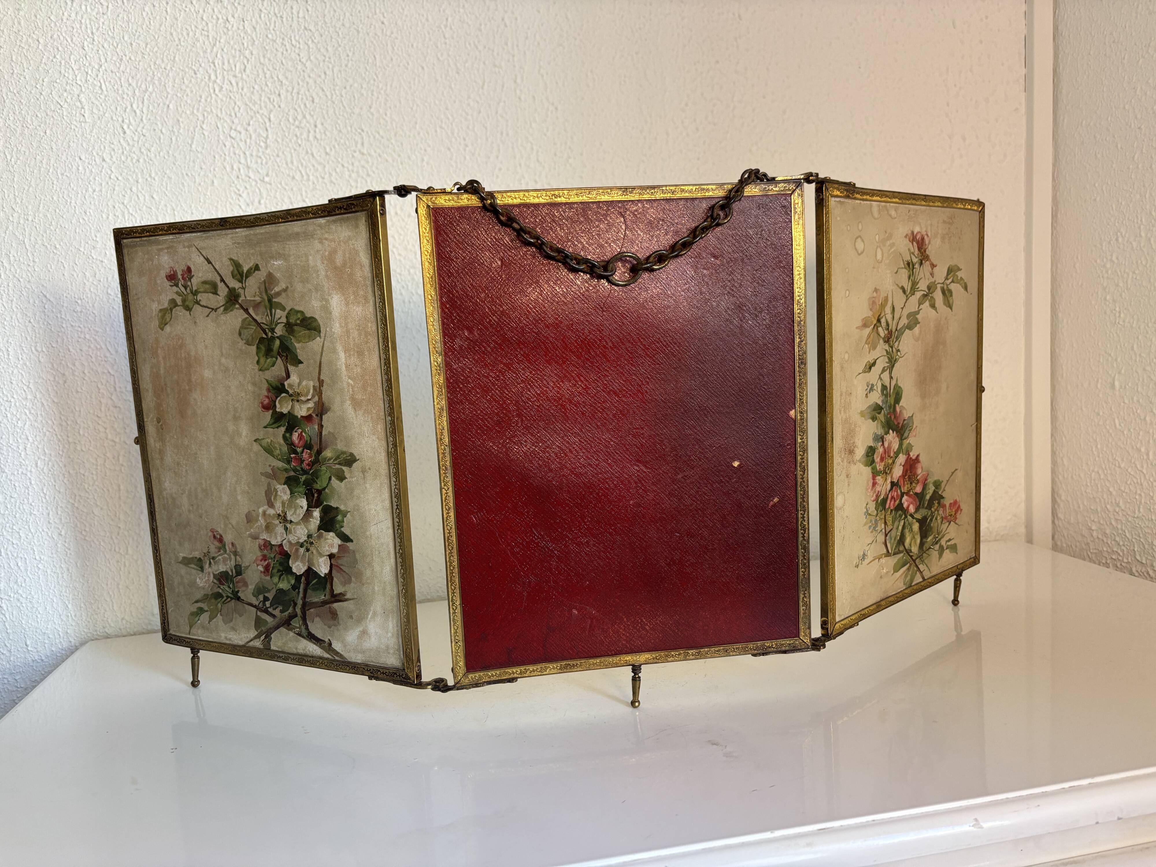 Vintage 1900s triptych barber mirror JB gilt burgundy - 30 x 67 cm
