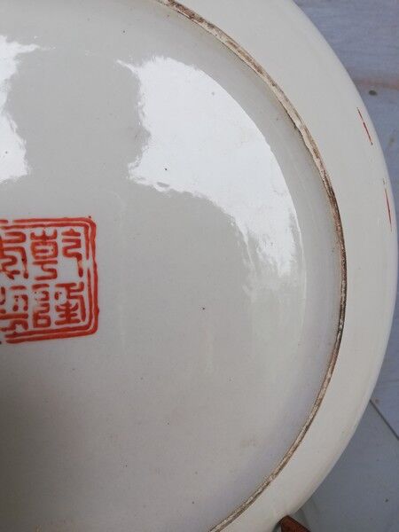 Plate china porcelainE enamelled family pink Lotus + Brand