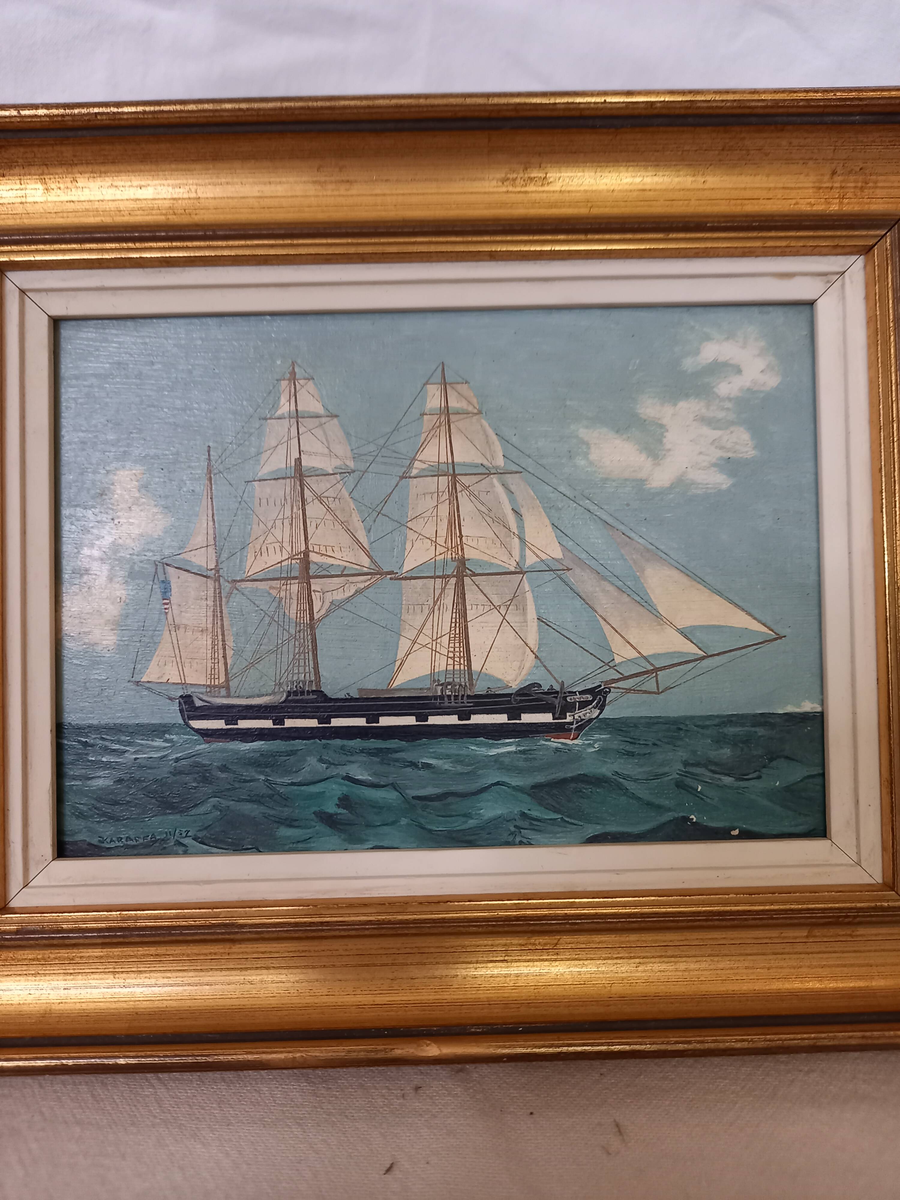 Old painting, oil on wood, schooner at sea, dated 1953, signed.