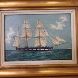Old painting, oil on wood, schooner at sea, dated 1953, signed.