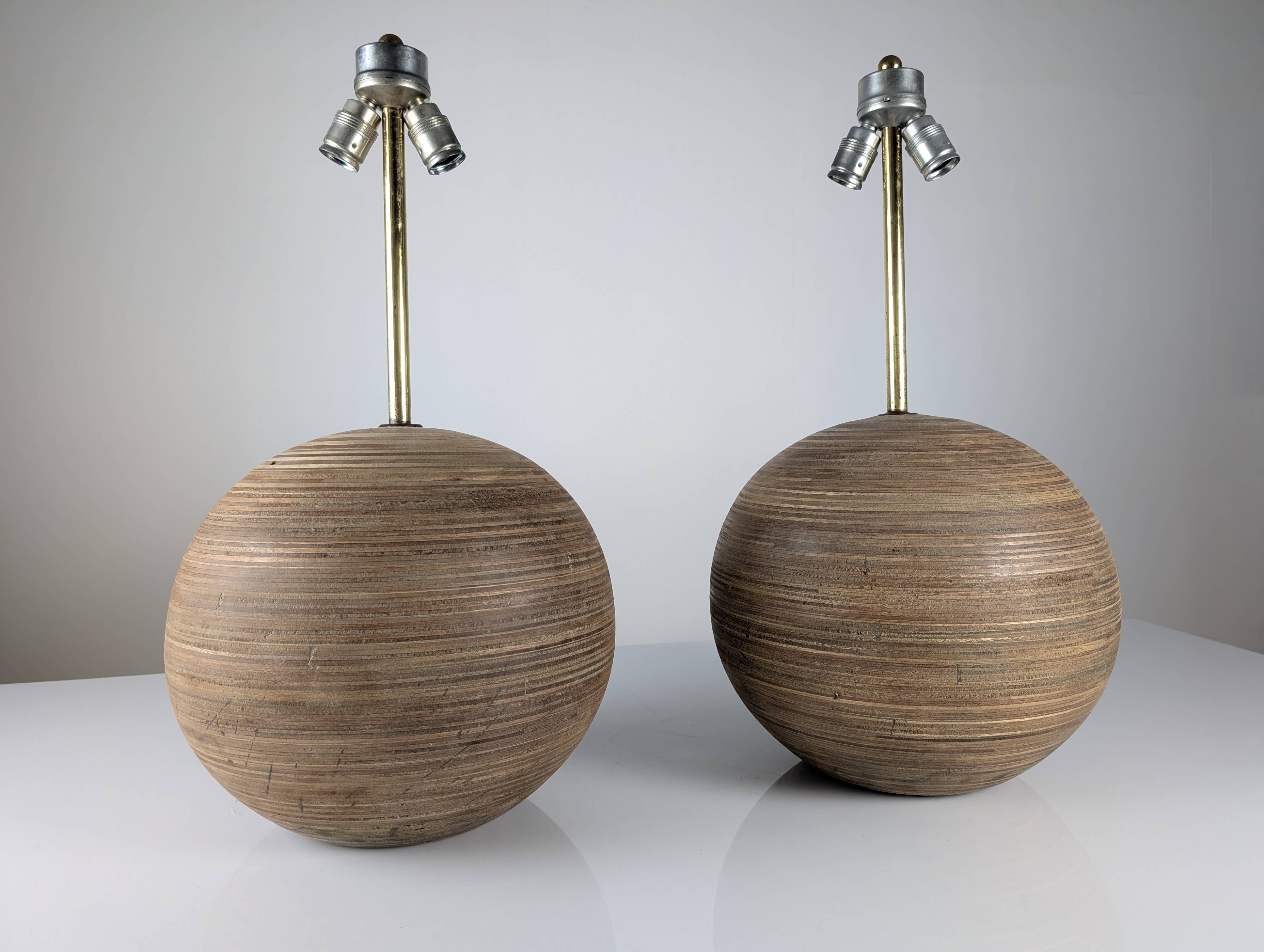 Pair of Large Table Lamps in Laminated Wood and Brass, 1960s