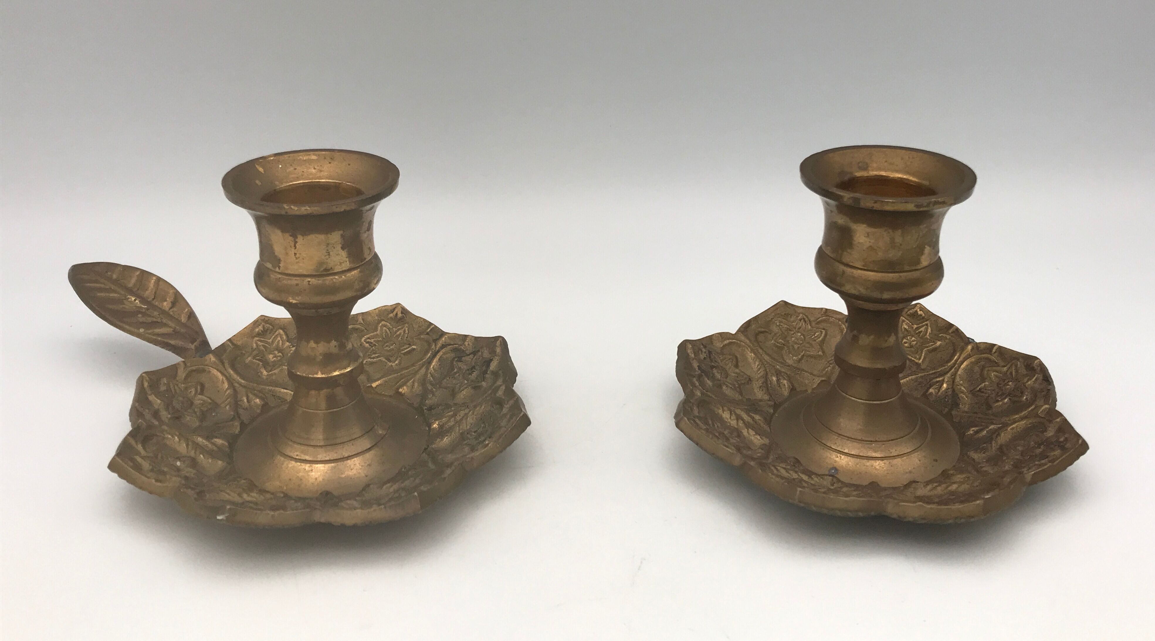 PAIR of BRASS table CANDLE HOLDERS with Flower Patterns